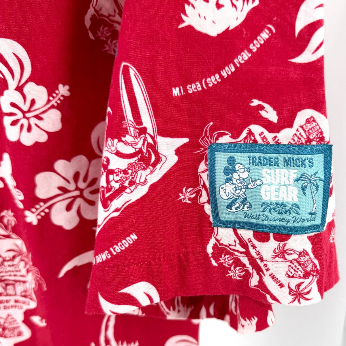 Vintage 90s Walt Disney World Trader Mick's Surf Gear Red Mickey Aloha Shirt