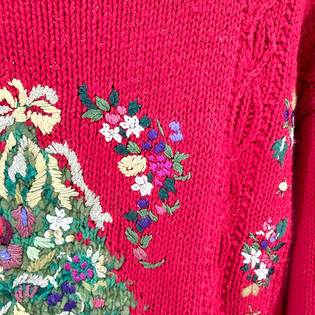 Vintage 90s Tiara International Red Ugly Christmas Tree Beaded Sweater