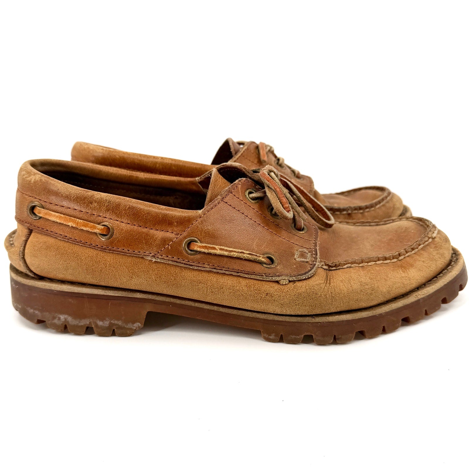 Vintage 90s Backroads Tan 100% Genuine Leather Rugged Lug Sole Loafers
