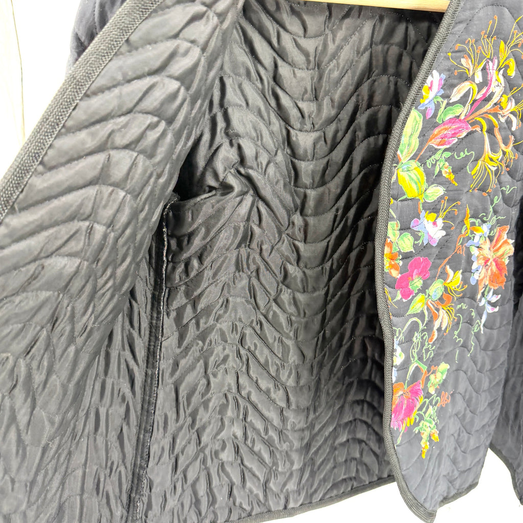 Vintage 90s Bari Black Floral Wearable Art Quilted Open Front Jacket