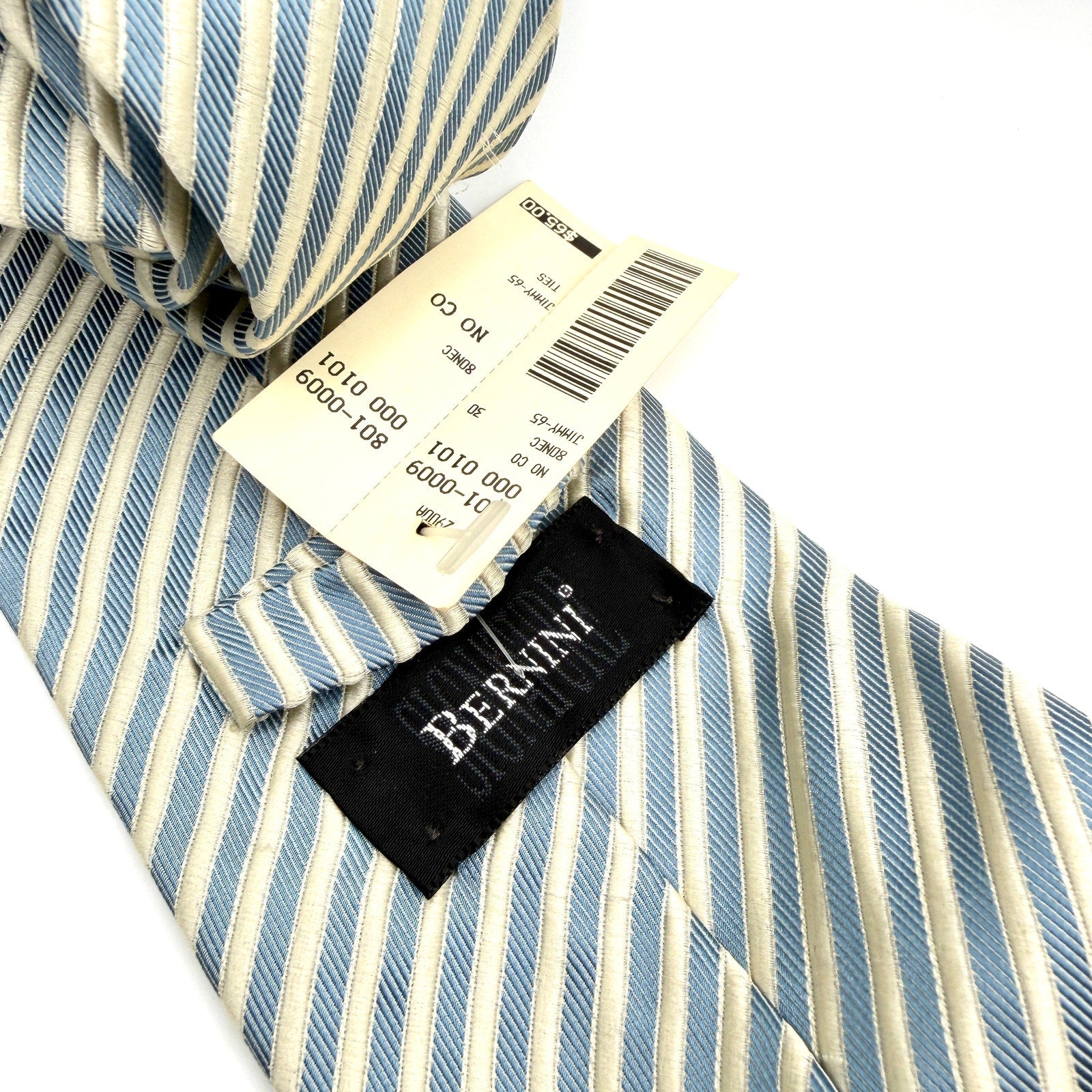 Vintage 90s Bernini 100% Silk Blue Cream Striped Necktie NWT