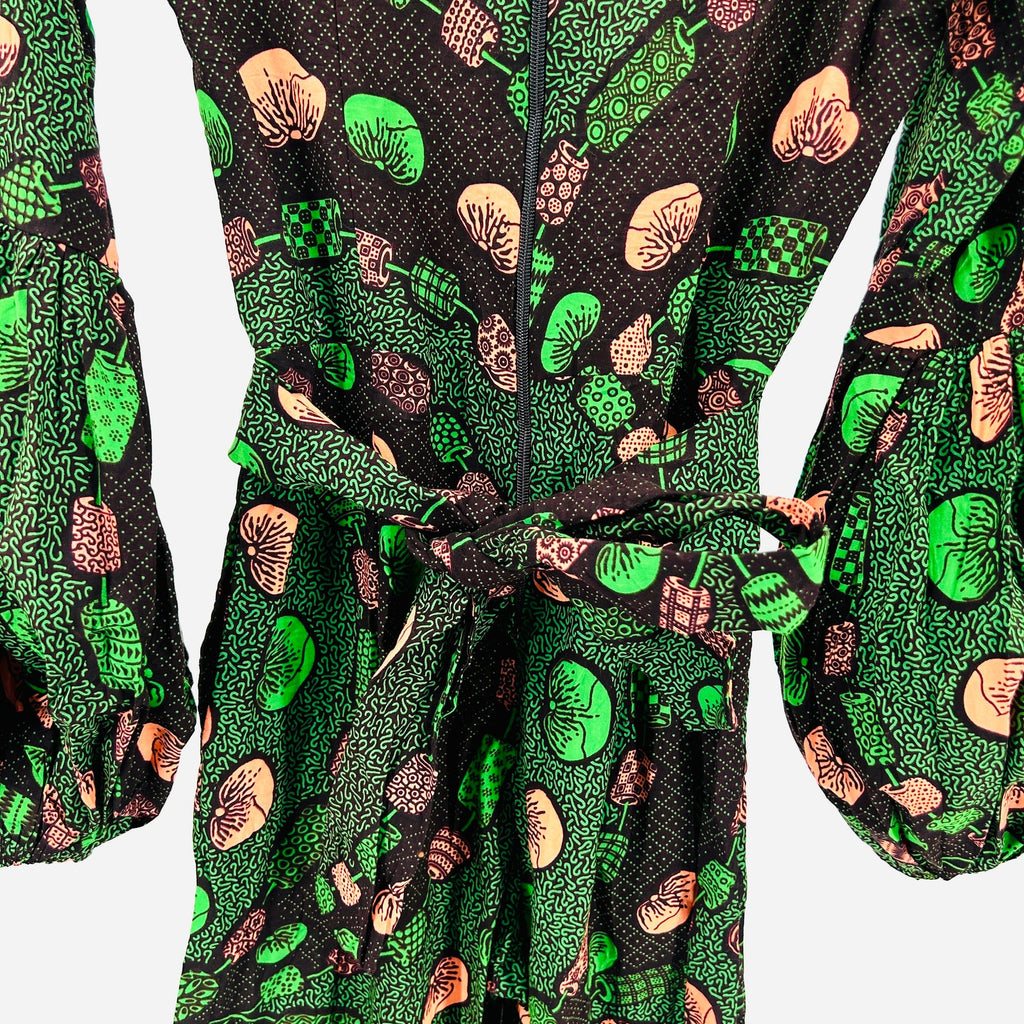 NWT Tribalbyn Green Coral Mushroom Ankara Print Cotton Balloon Sleeve Jumpsuit