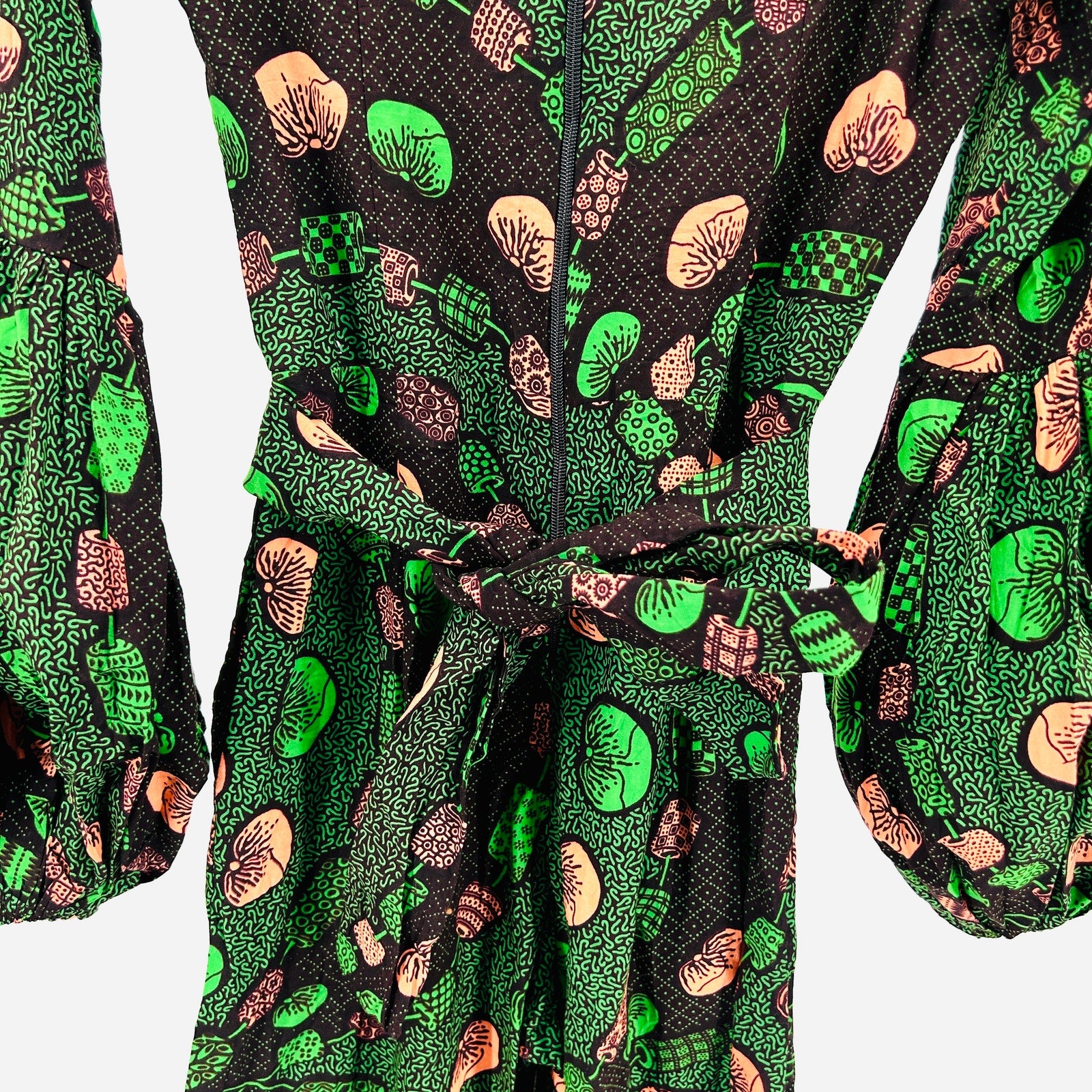 NWT Tribalbyn Green Coral Mushroom Ankara Print Cotton Balloon Sleeve Jumpsuit