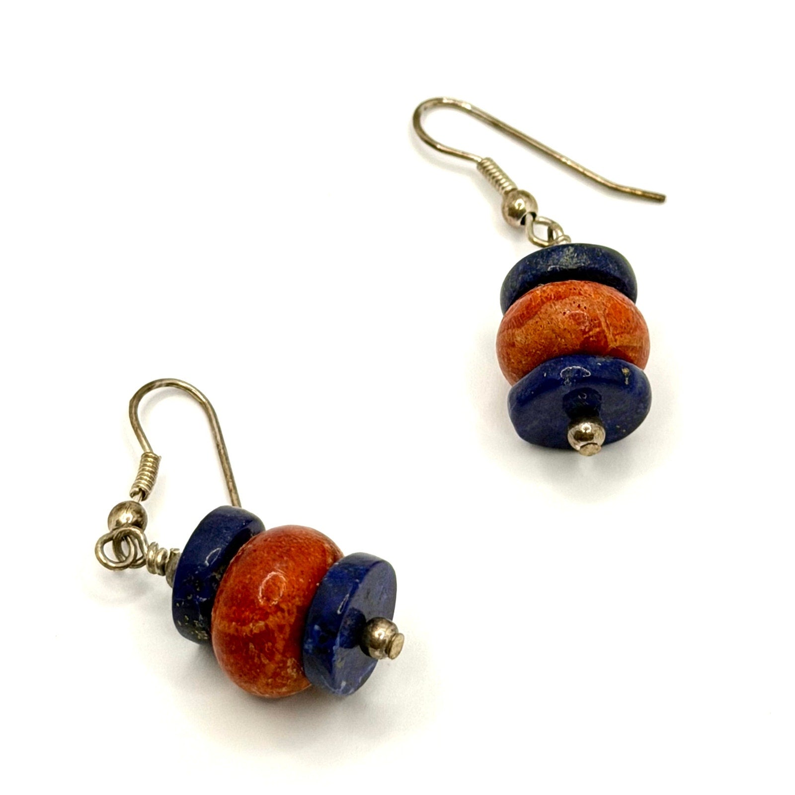 Vintage 90s Blue Lapis Red Sponge Coral Beaded Drop Earrings