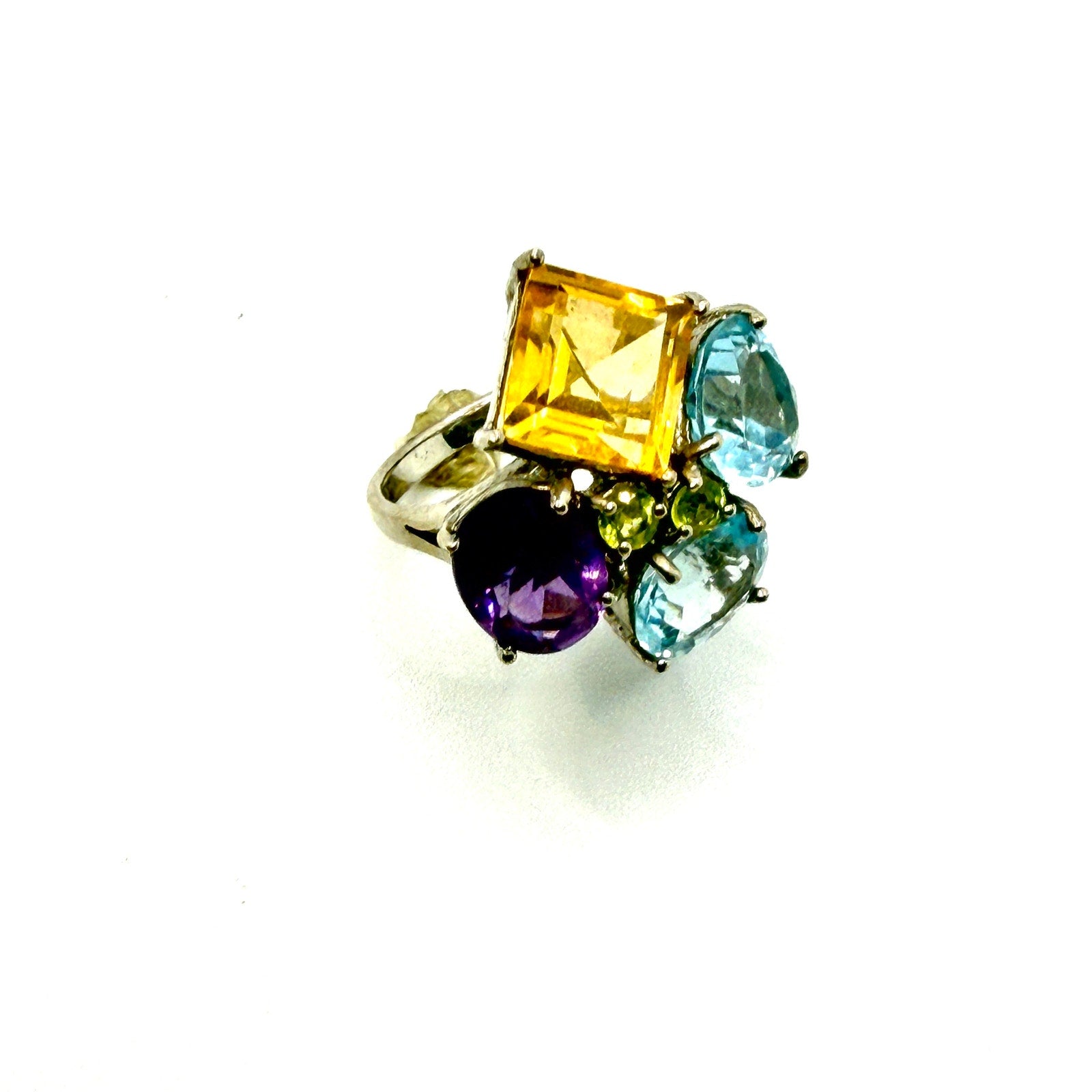 Vintage Y2K Sterling Silver Topaz Amethyst Gemstone Cluster Statement Ring