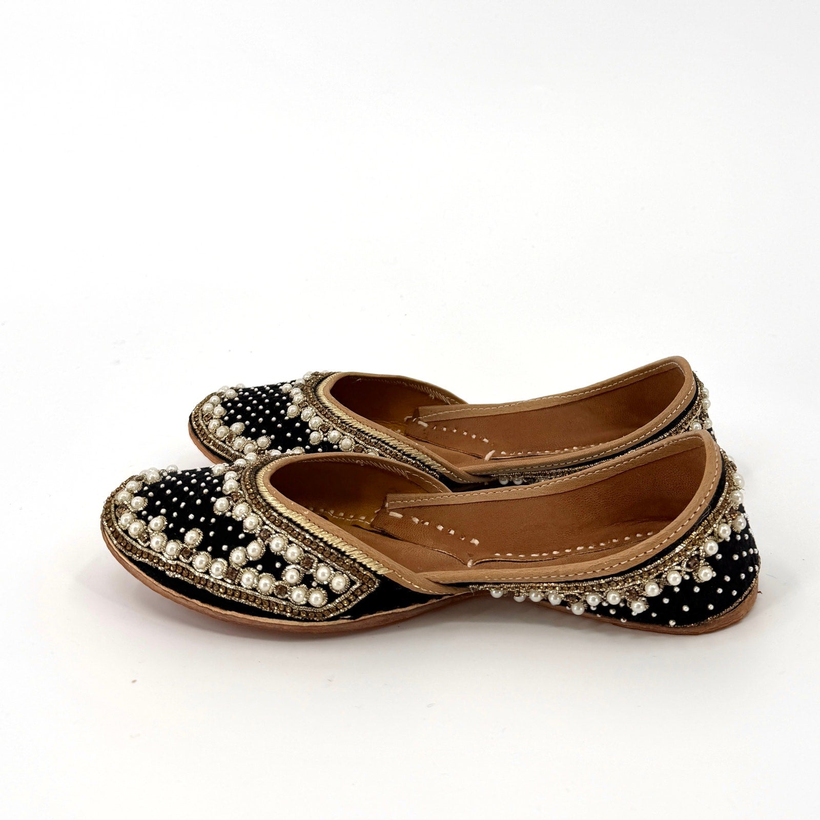 Black Velvet Genuine Leather Embellished Jutti Flats