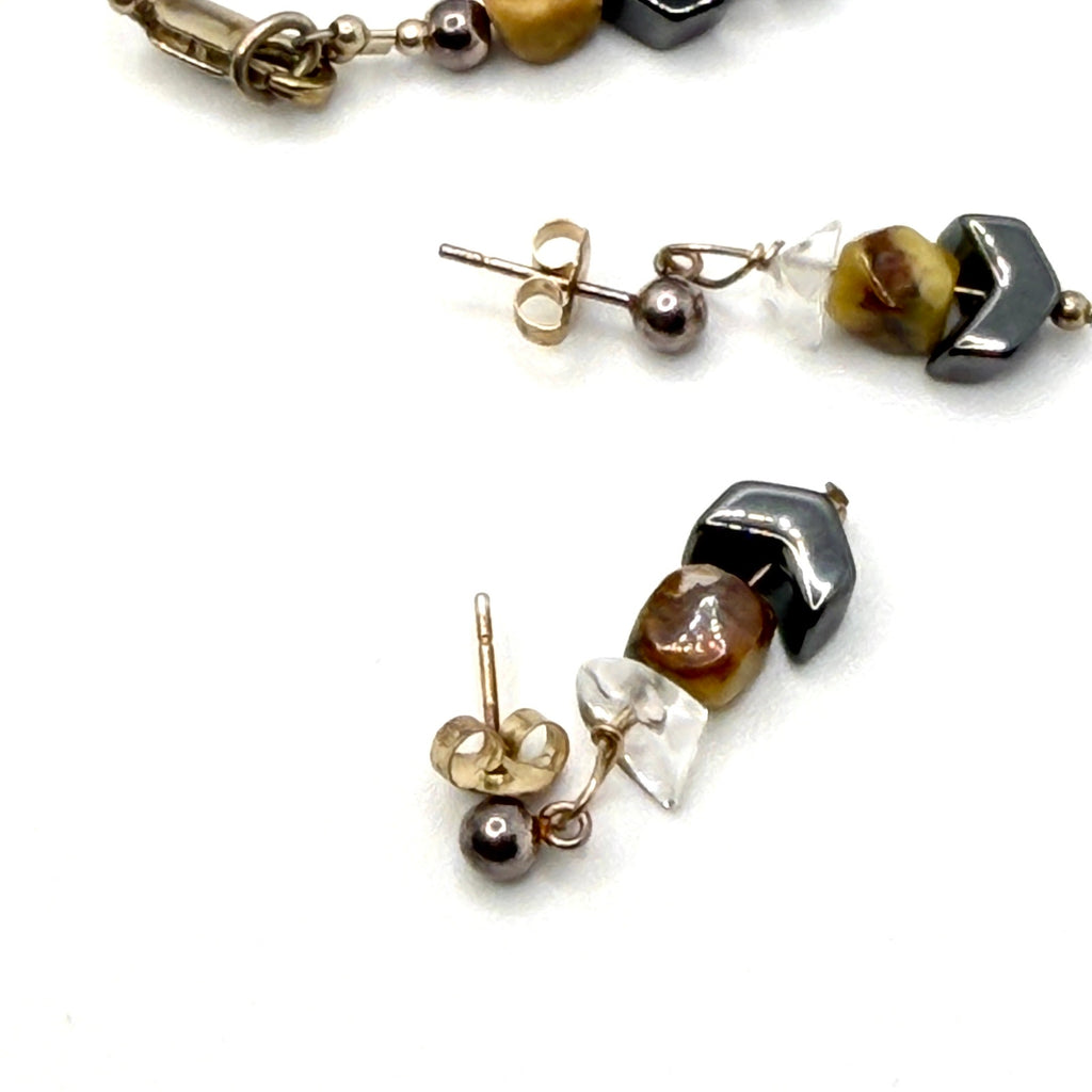 Vintage 90s Hematite Chevron Quartz Stone Necklace Bracelet Earring Set