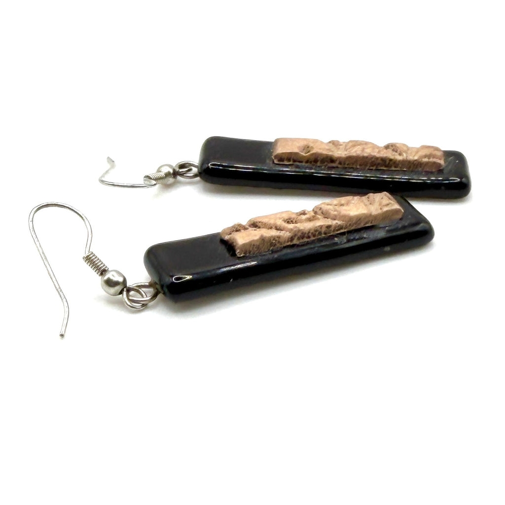 Vintage 90s Black Beige Fused Glass Clay Textured Inlay Rectangle Drop Earrings