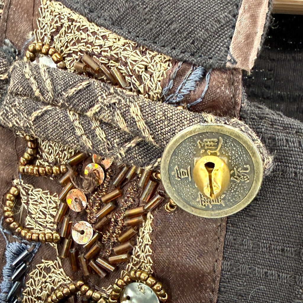 Vintage Y2K Brown 100% Cotton Beaded Applique Frog Closure Jacket