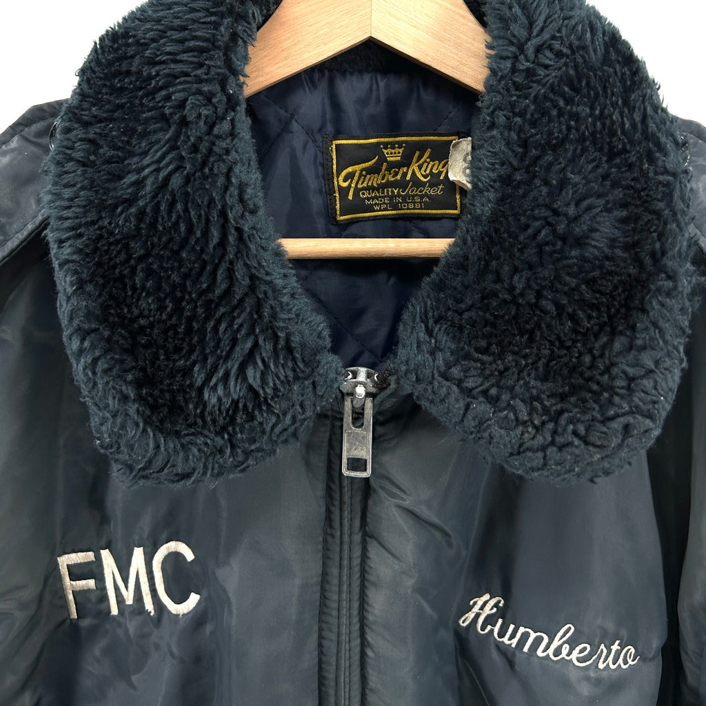 Vintage 1970s Timber King Navy Quilted Faux Fur Collar Bomber Jacket