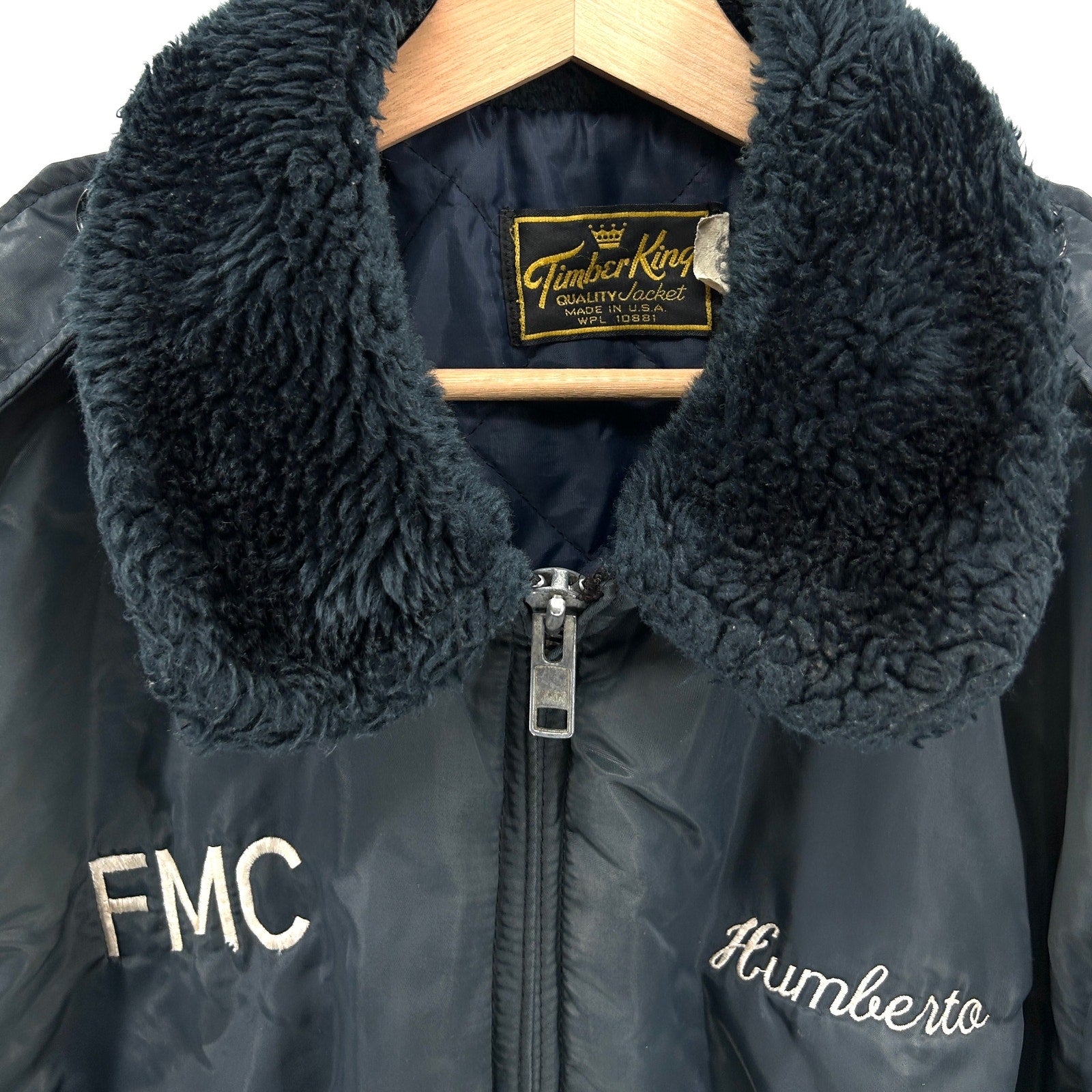 Vintage 1970s Timber King Navy Quilted Faux Fur Collar Bomber Jacket