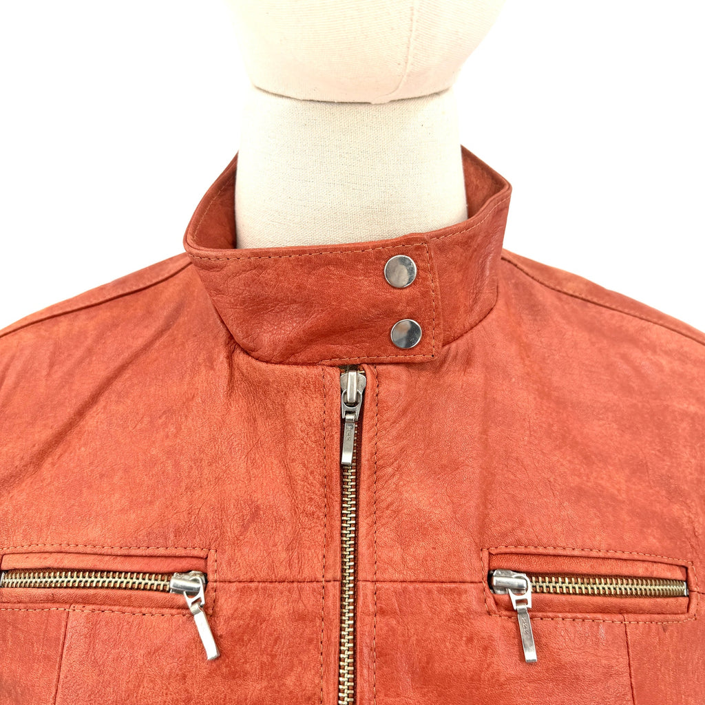 Vintage 90s Franco Ocaranza Red Genuine Leather Snap Collar Moto Jacket