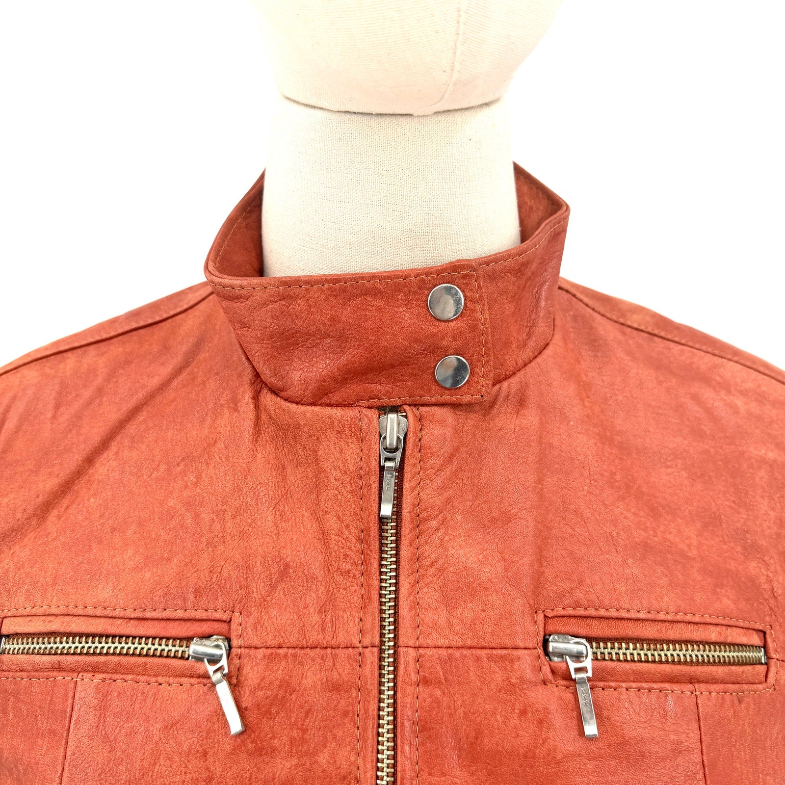 Vintage 90s Franco Ocaranza Red Genuine Leather Snap Collar Moto Jacket