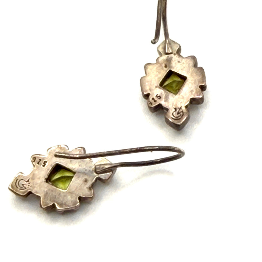Vintage Signed Artisan 925 Sterling Silver Brutalist Peridot Drop Earrings