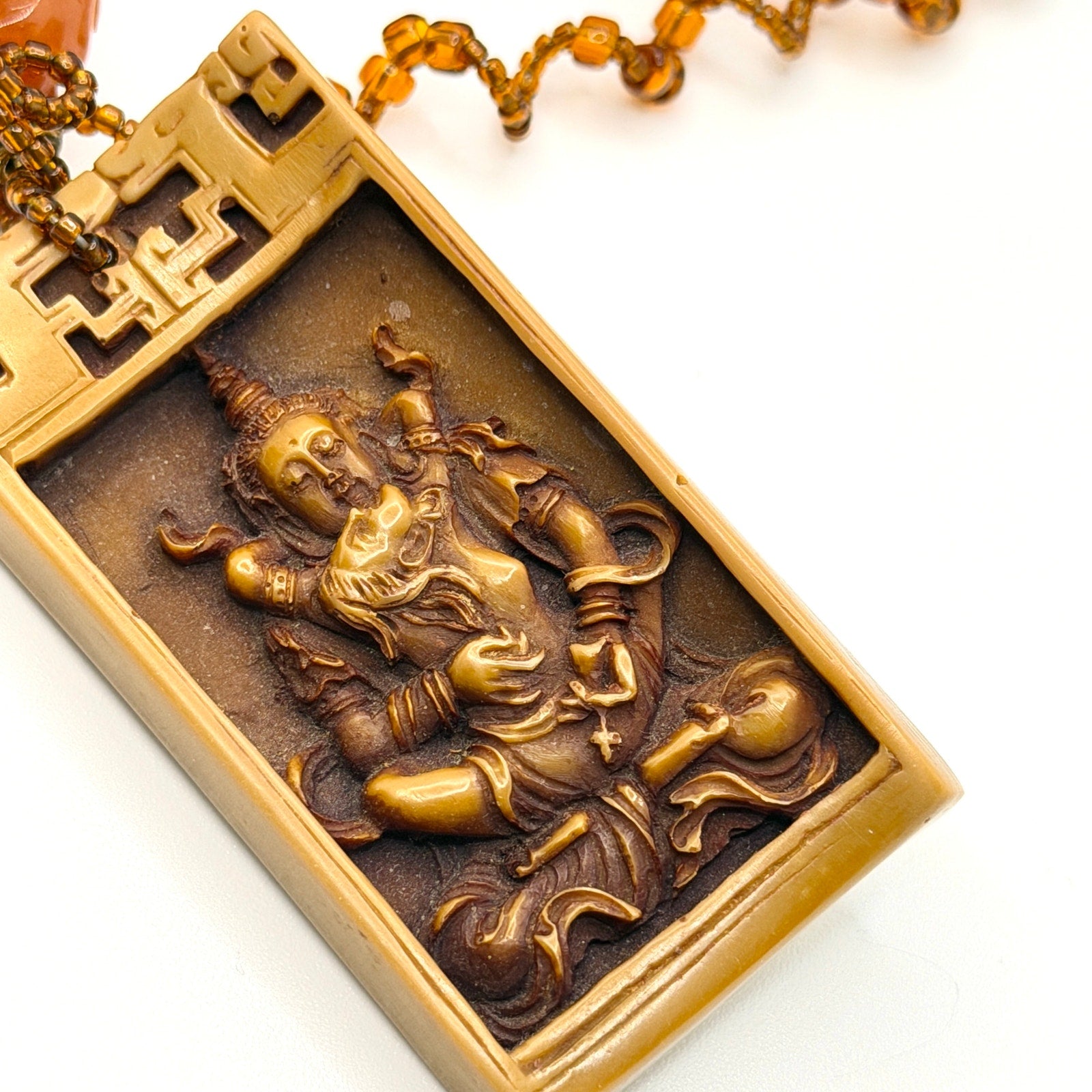 Vintage 90s Earthy Brown Resin Jade Carnelian Deity Statement Necklace