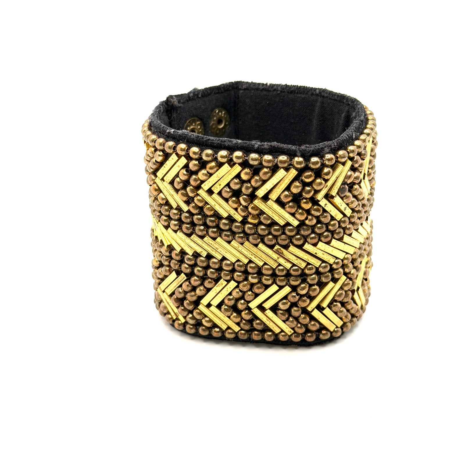 Vintage 90s Gold Tone Beaded Geometric Black Fabric Cuff Bracelet