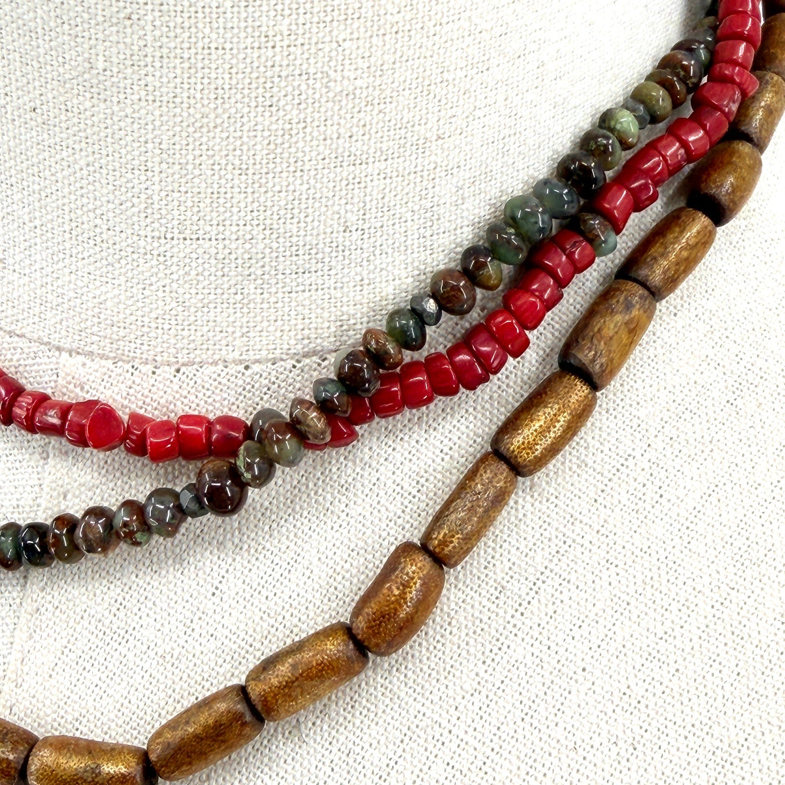 Vintage Y2K Red Coral Unakite Wood Multi Strand Toggle Necklace