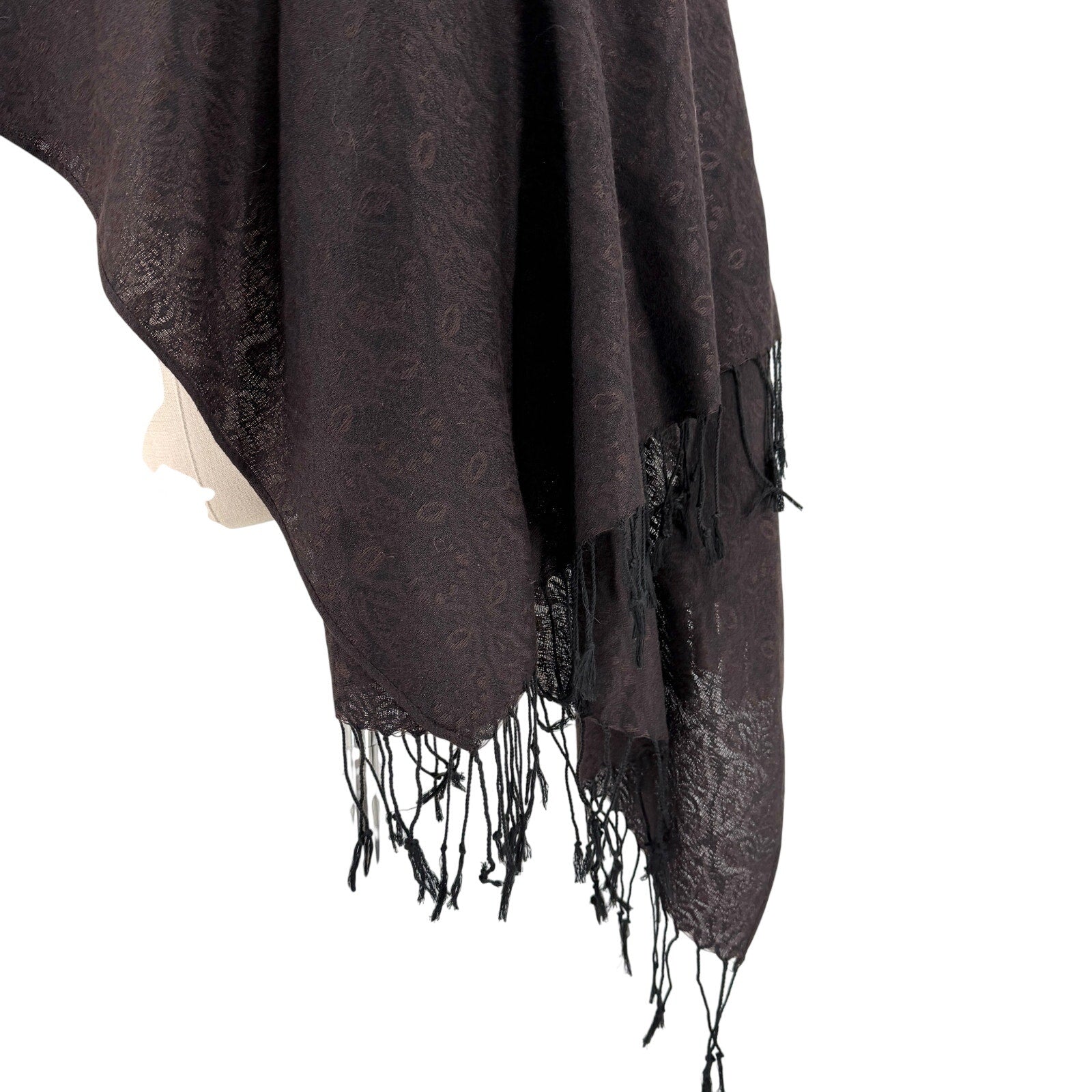 Vintage Y2K Brown Black Pashmina Silk Patterned Fringe Scarf