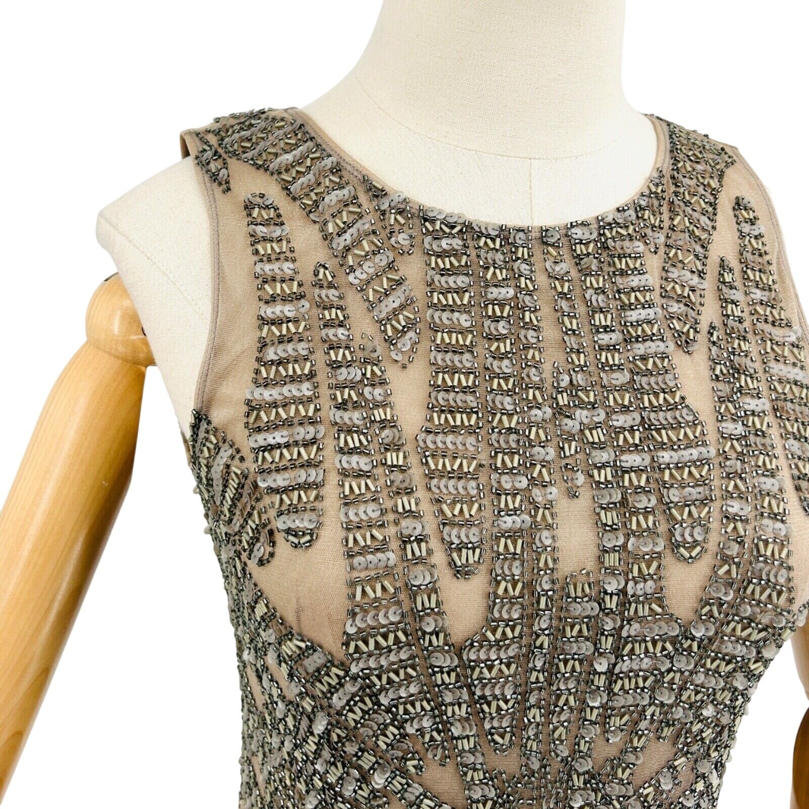 Vintage Y2K Farah Khan Beige Silver Beaded Sequin Bodycon Cocktail Dress