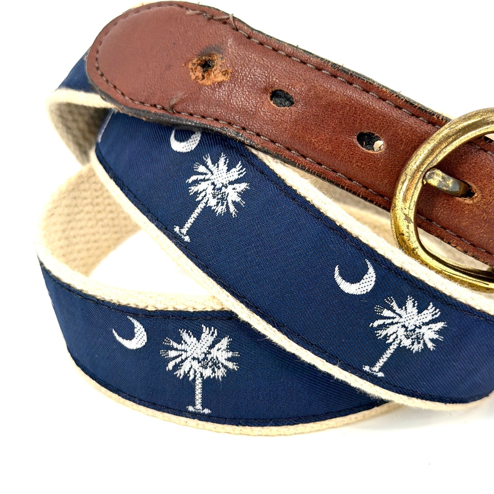 Vintage 90s Barrons Hunter Navy Blue South Carolina Palmetto Khaki Webbing Belt