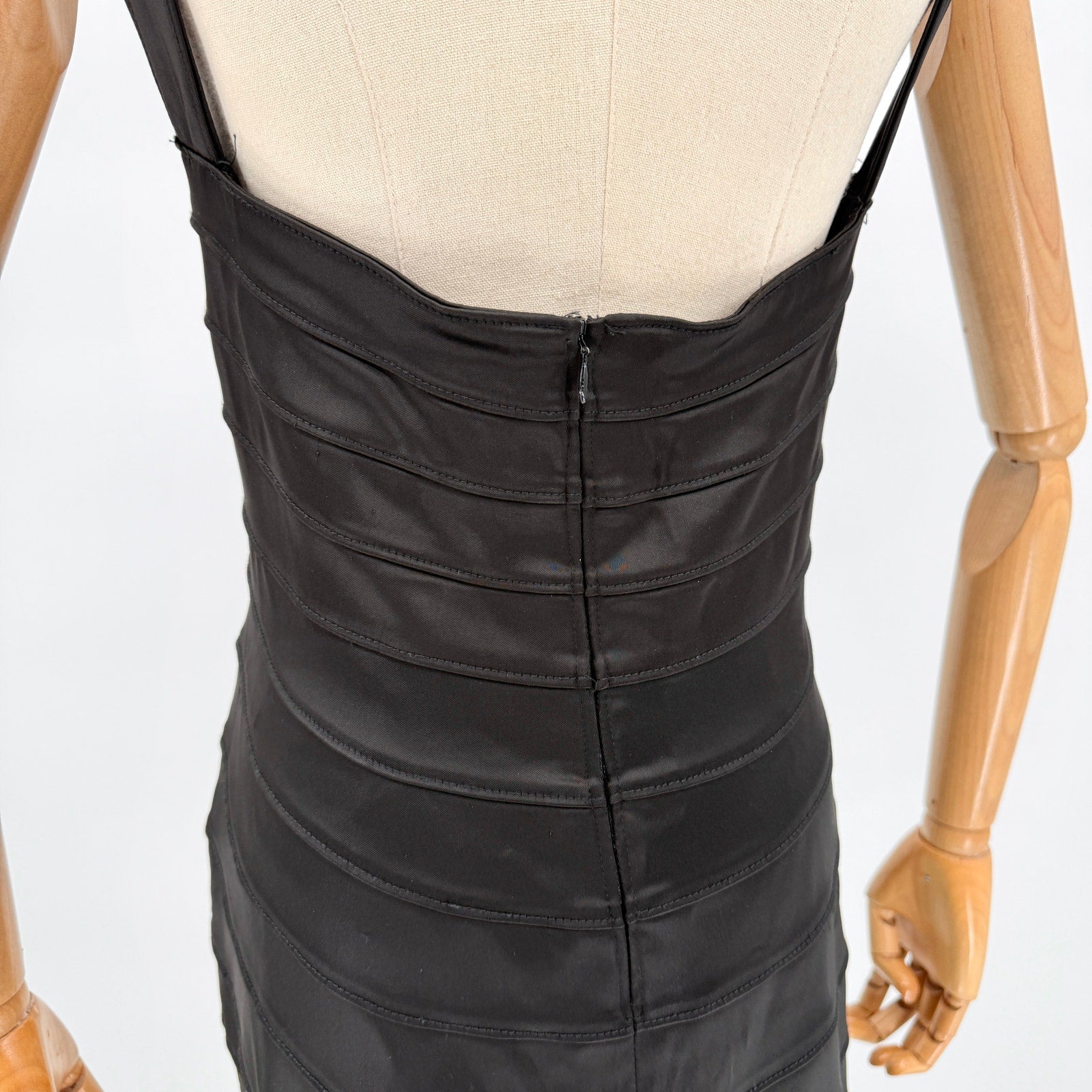 Vintage 90s Tadashi Black Satin Halter Neck Bodycon Bandage Midi Dress