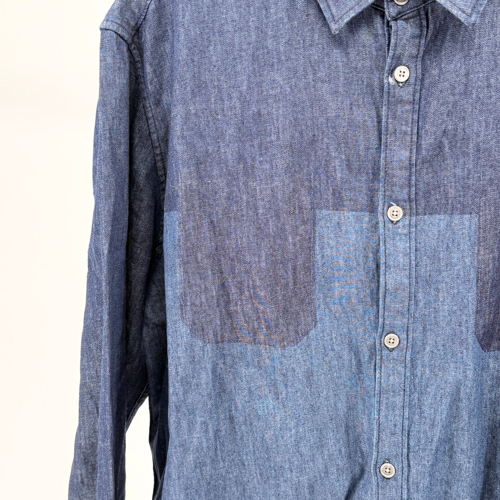 Elie Tahari Blue Cotton Linen Chambray Colorblock Patchwork Shirt