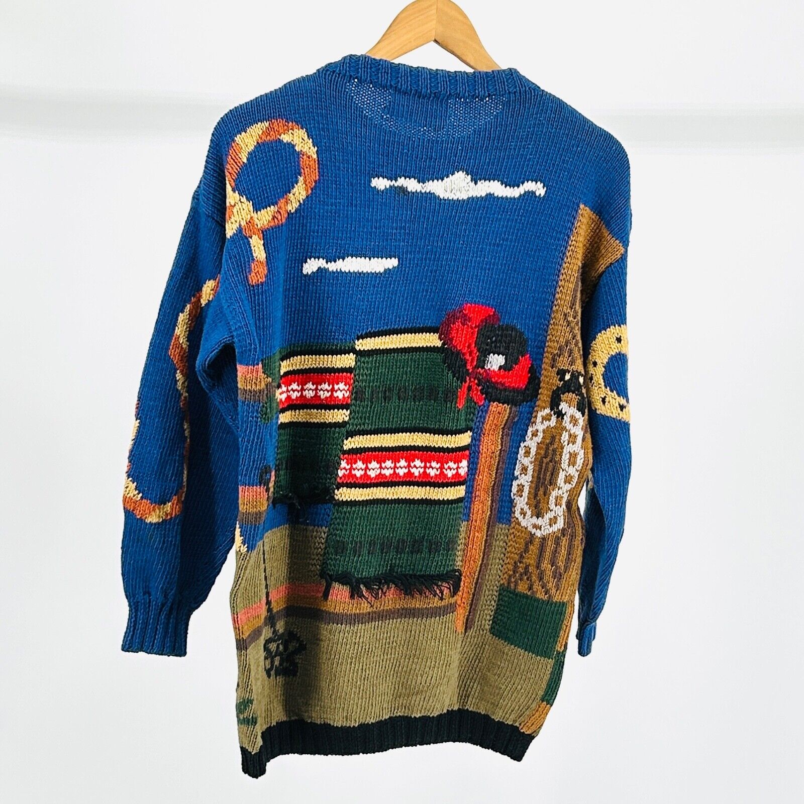 Vintage 80s Berek Rio Grande Texas Cowboy Graphic Hand Knit Cotton Sweater