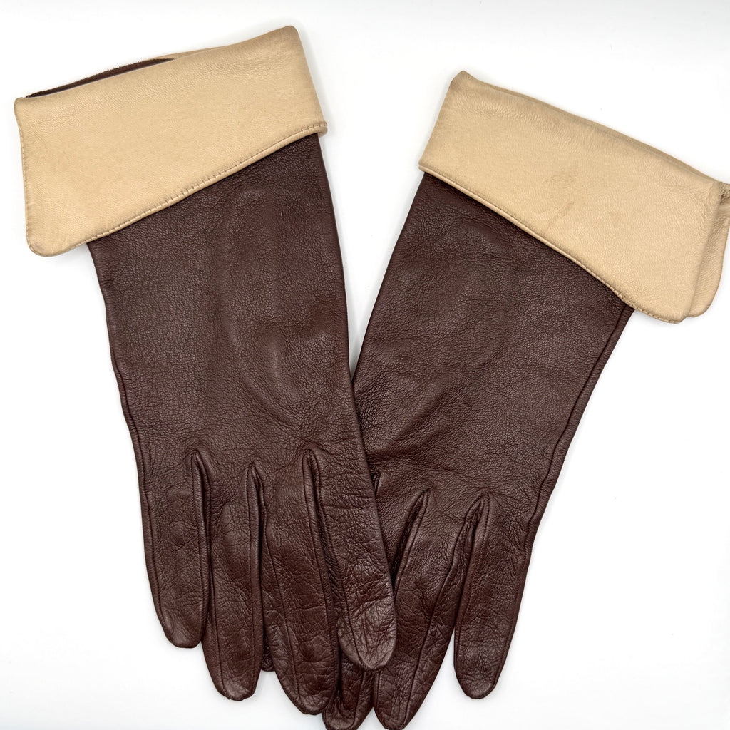 Vintage 70s Brown Genuine Leather Beige Cuff Trim Gloves