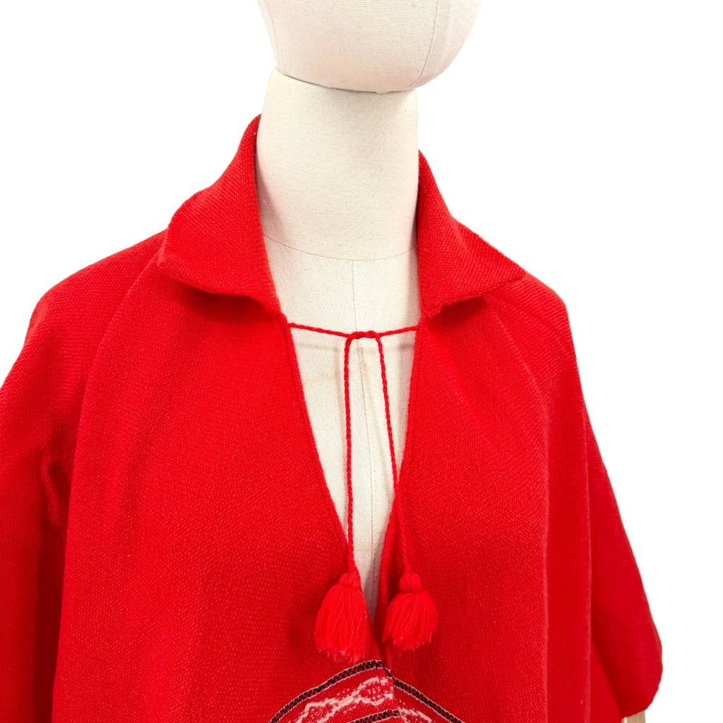 Vintage 70s South American Woven Red Fringe Poncho Ruana Cape