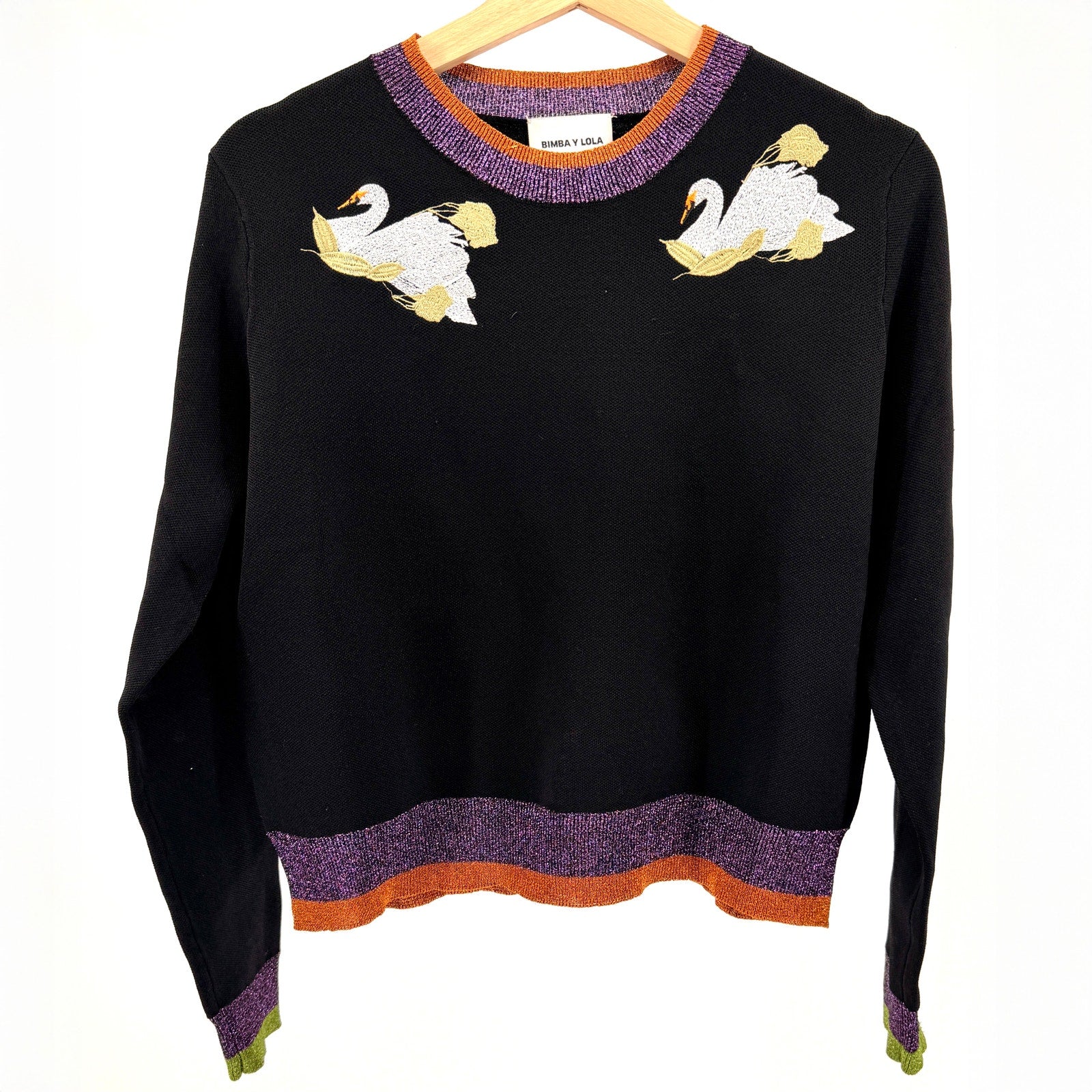 Bimba Y Lola Black Metallic Trim Embroidered Swan Sweater