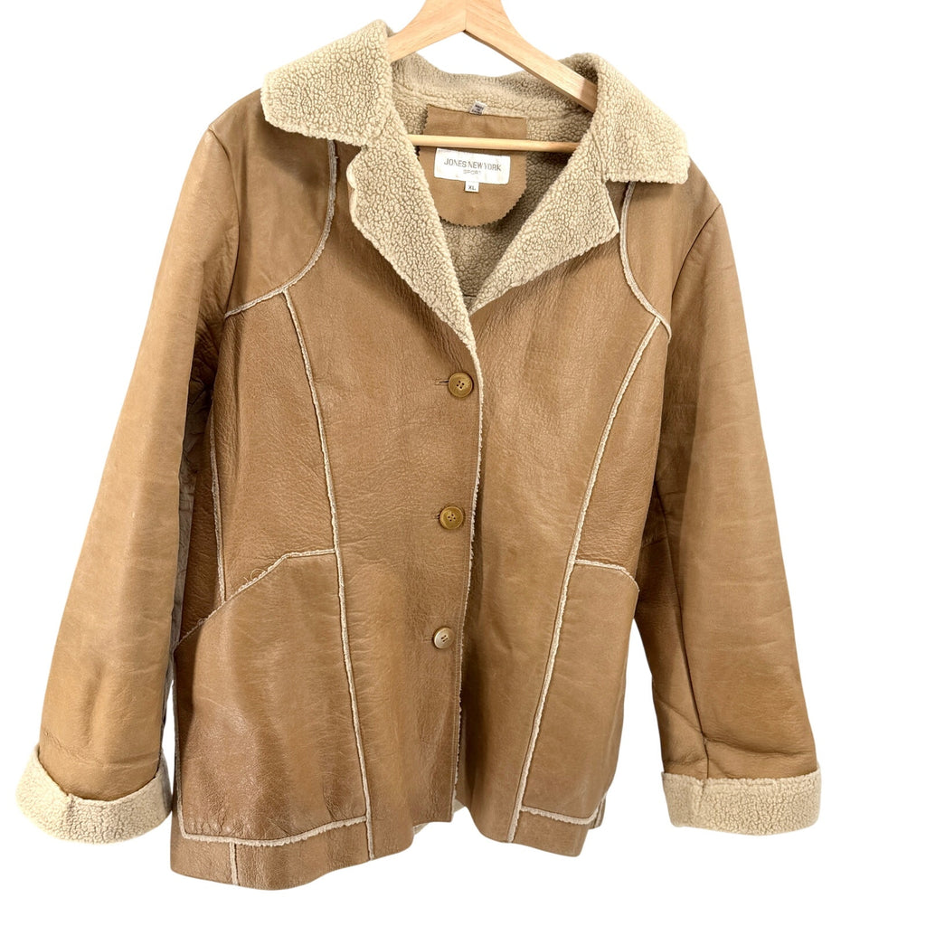 Vintage 90s Jones New York Sport Tan GenuineLeather Shearling Coat