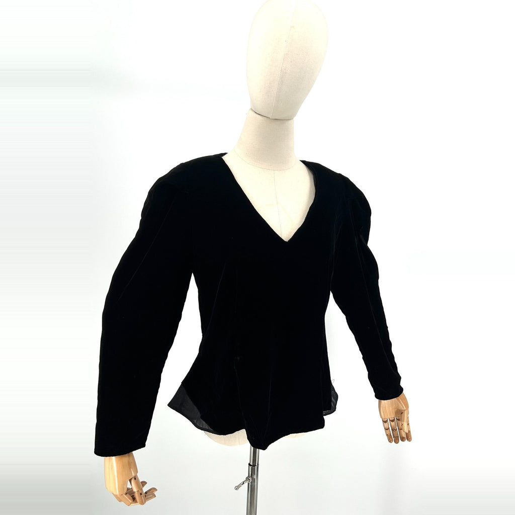Vintage 80s Black Velvet Puff Sleeve Romantic Goth Evening Blouse