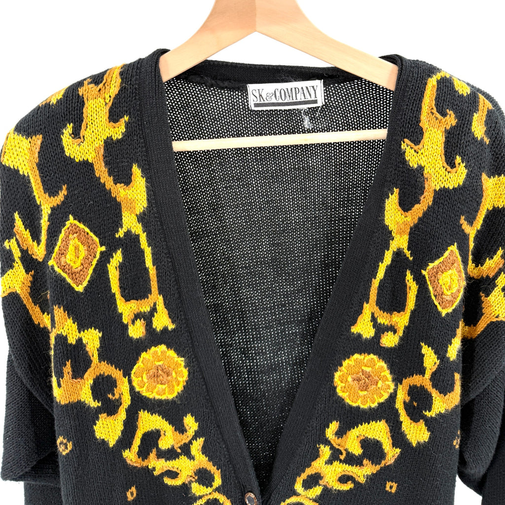 Vintage 90s SK & Company Black Gold Baroque Mobwife Button Up Cardigan Sweater