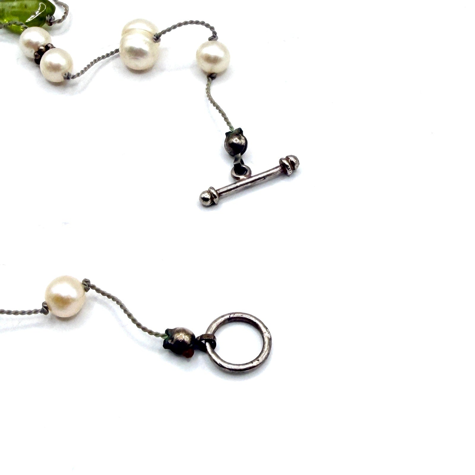 Vintage 90s Sterling Silver Peridot Freshwater Pearl Floating Strand Necklace