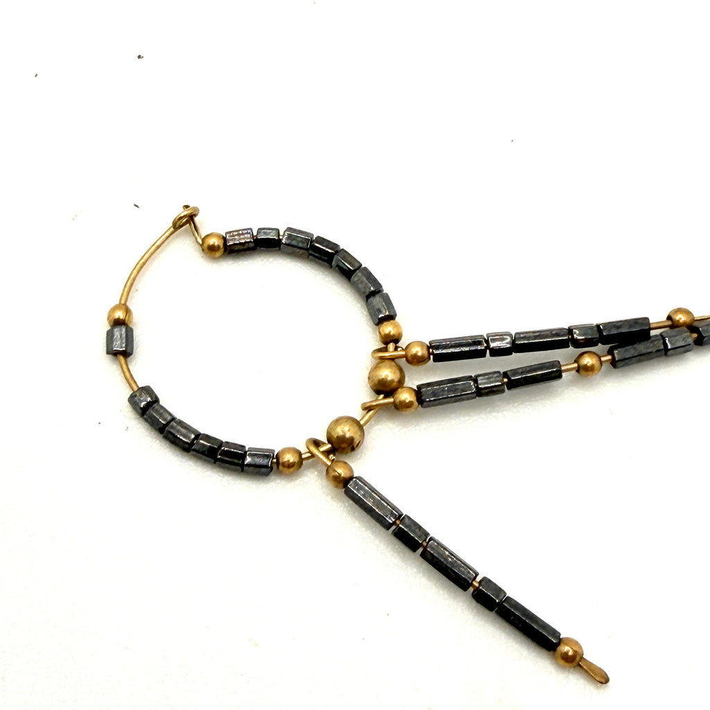 Vintage 90s Hematite Gold Toned Metallic Boho Fringe Hoop Earrings