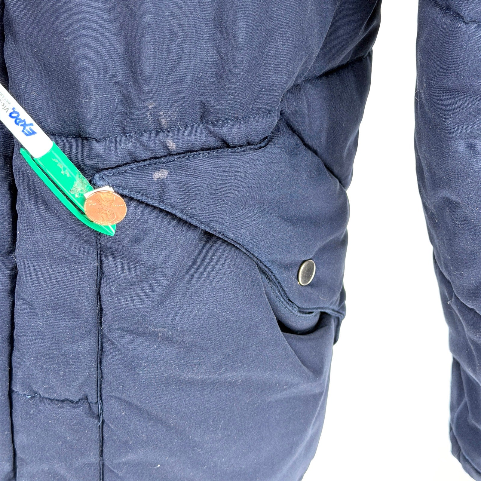 Vintage 70s Sears Navy Blue Snapped Removable Hood Puffer Parka Jacket