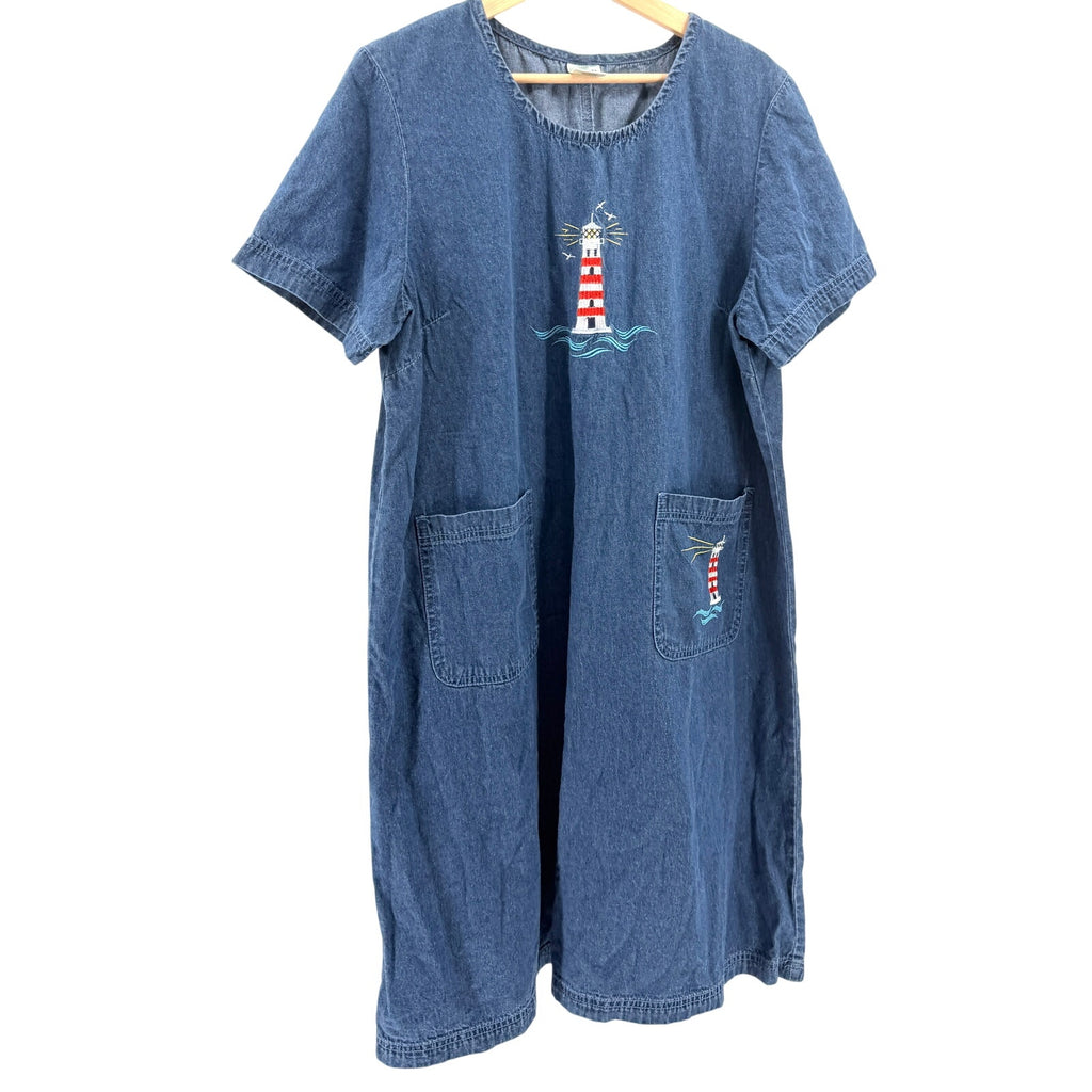 Vintage Blair Blue Nautical Lighthouse Embroidery 100% Cotton A-Line Denim Dress