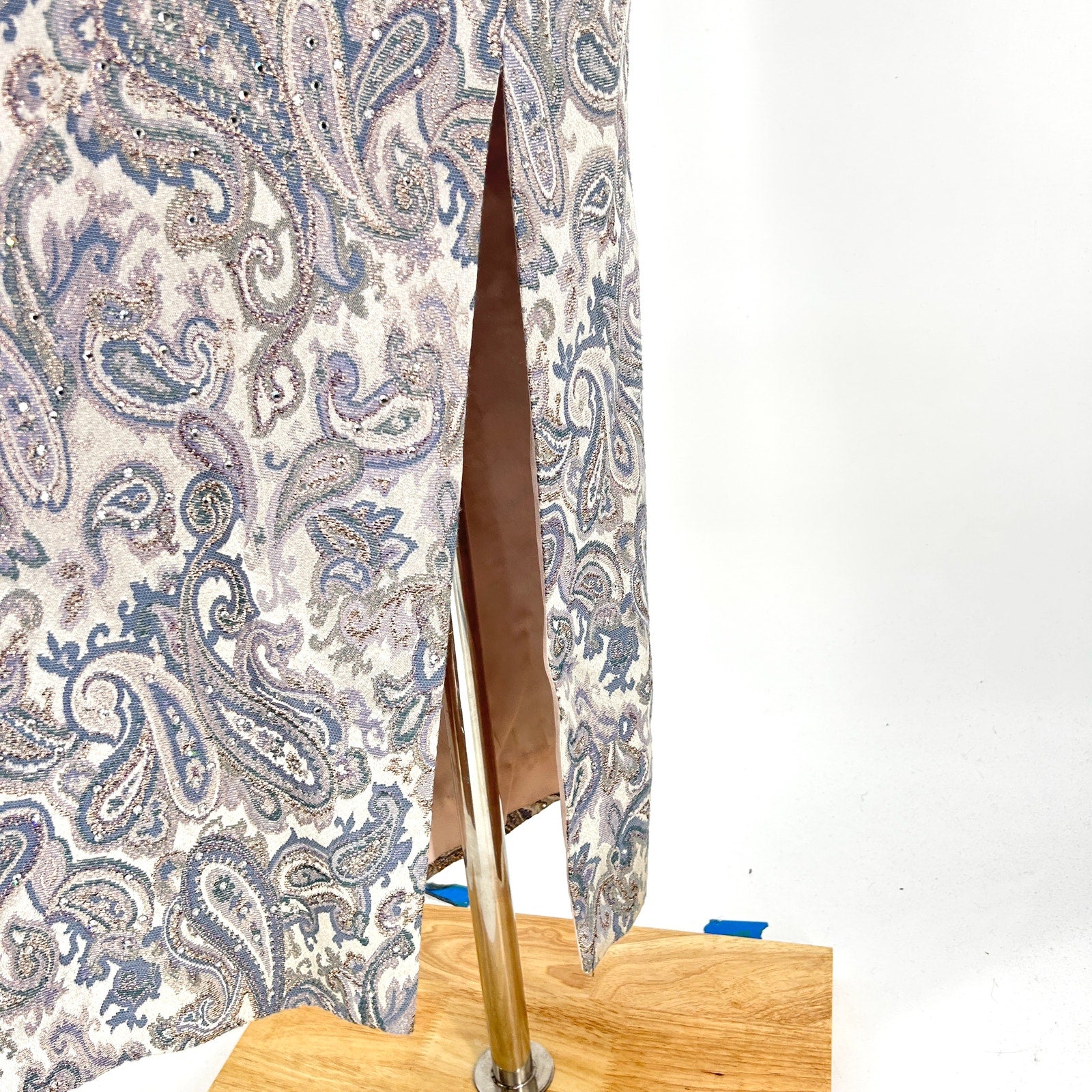 Vintage 80s Ice Blue Silver Brocade Crystal Embellished Mink Cuff Gown Dress