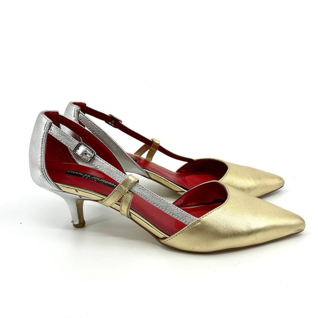 Vintage Y2K Charles Jourdan Gold Silver Leather Pointed Toe T-Strap Heels