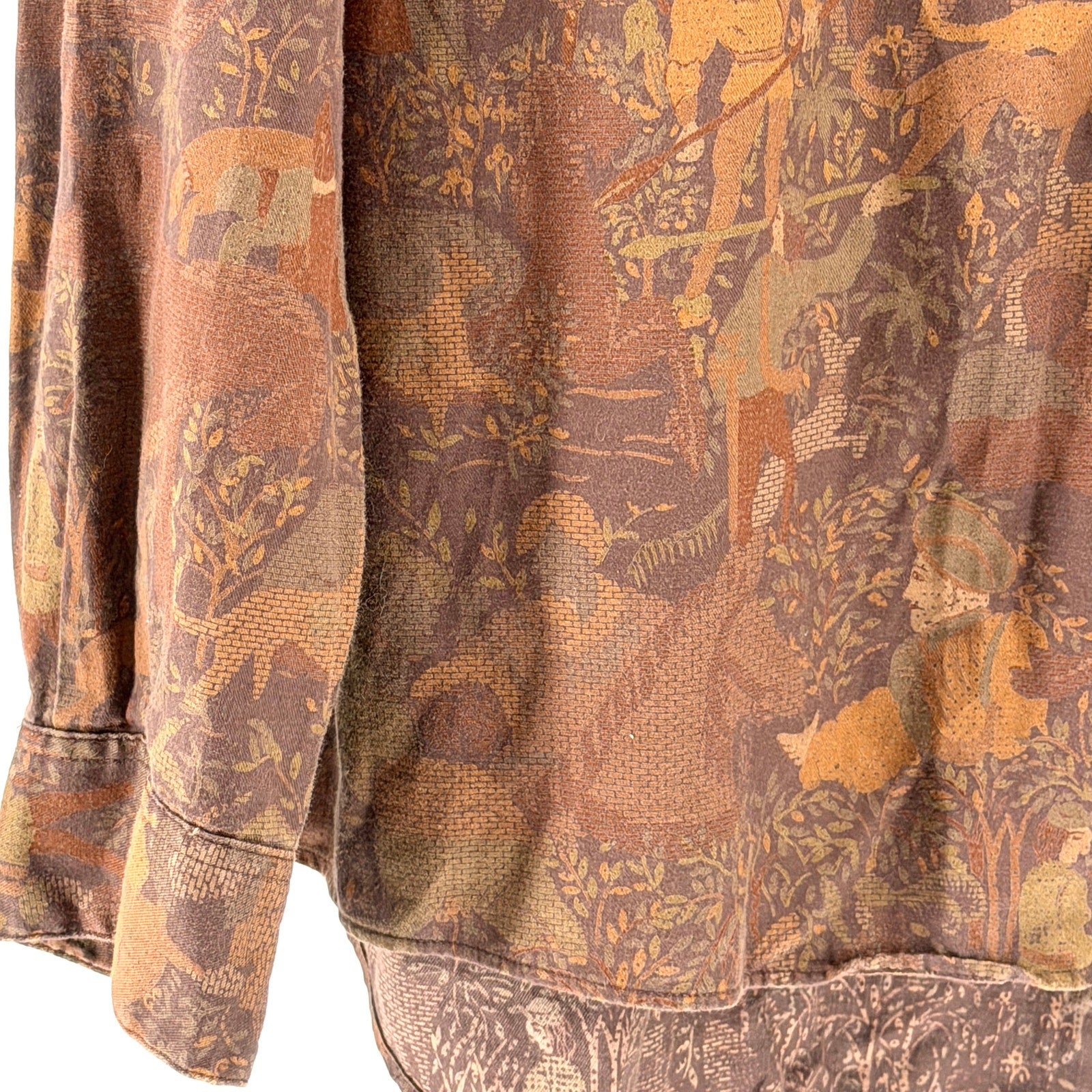 Vintage 90s Metropolitan View Brown 100% Cotton Medieval Pastoral Print Shirt
