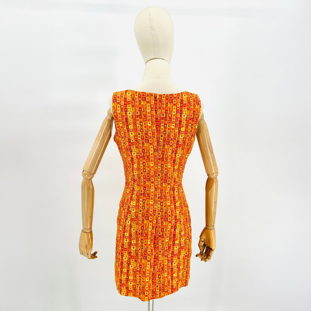 Vintage 90s Handmade Orange Geometric Print Sleeveless Mod Retro Dress