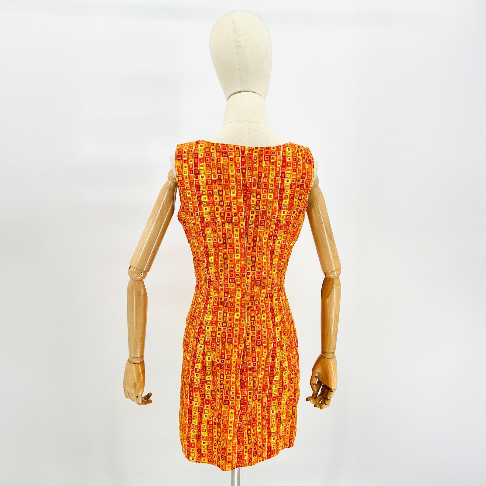Vintage 90s Handmade Orange Geometric Print Sleeveless Mod Retro Dress