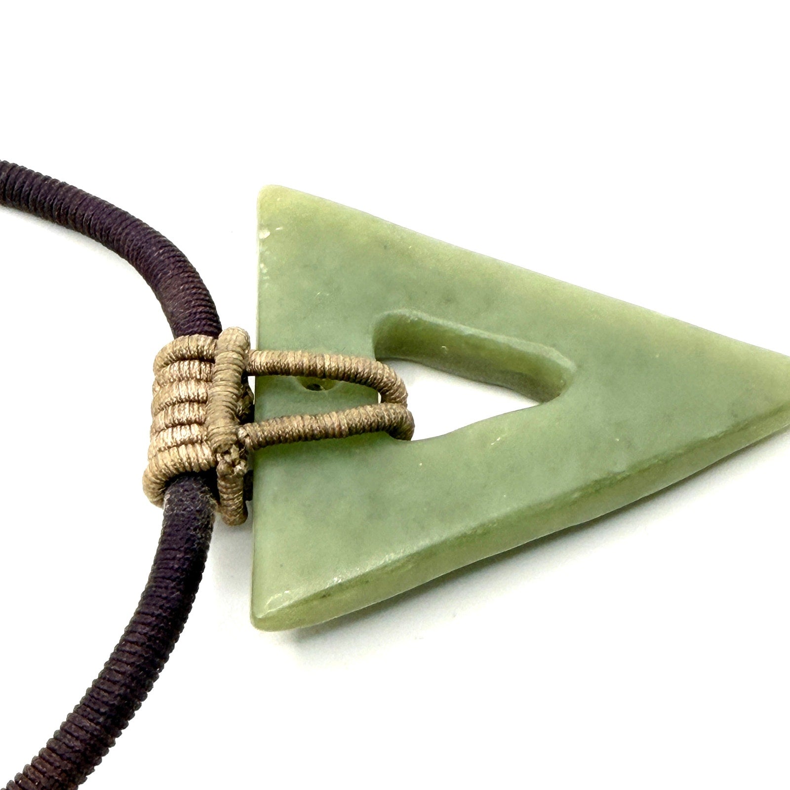 Vintage 90s Green Jade Carved Large Triangle Chunky Corded Pendant Necklace
