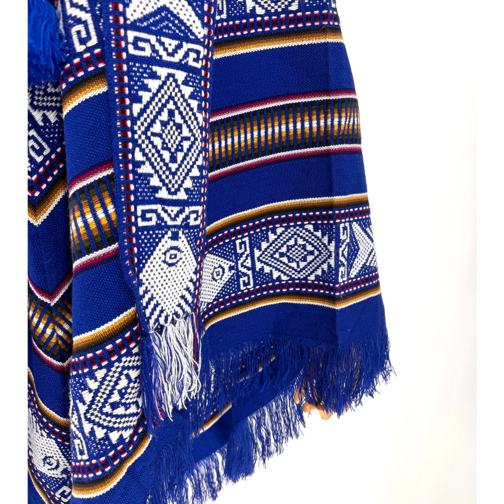 South American Blue Woven Geometric Fish Motif Tassel Fringe Poncho