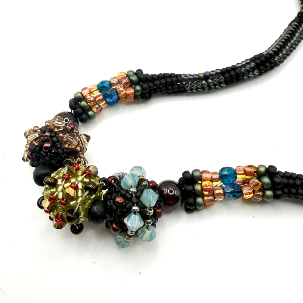 Vintage 90s Earthy Woven Seed Bead Crystal Focal Statement Loop Necklace