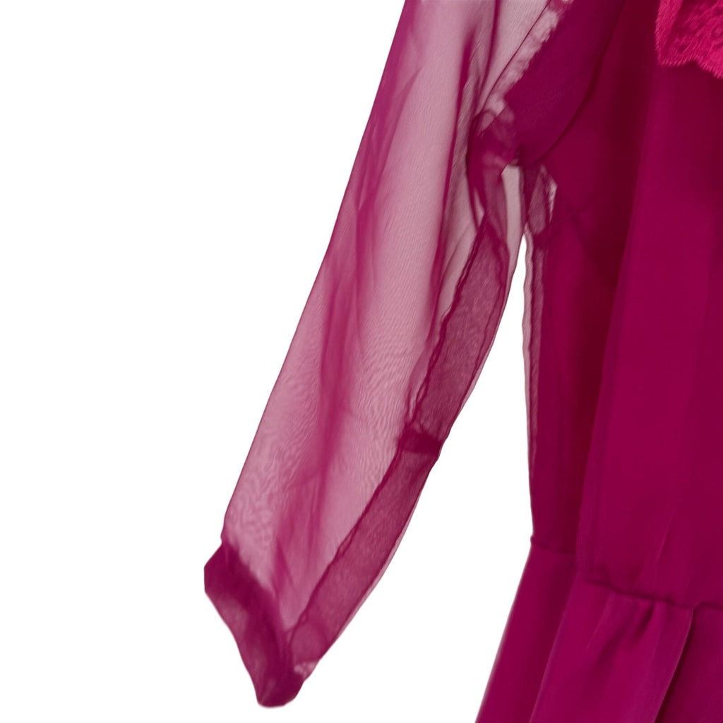 Vintage 70s Handmade Pink Fuchsia Sheer Lace Ruffle High Neck Maxi Dress