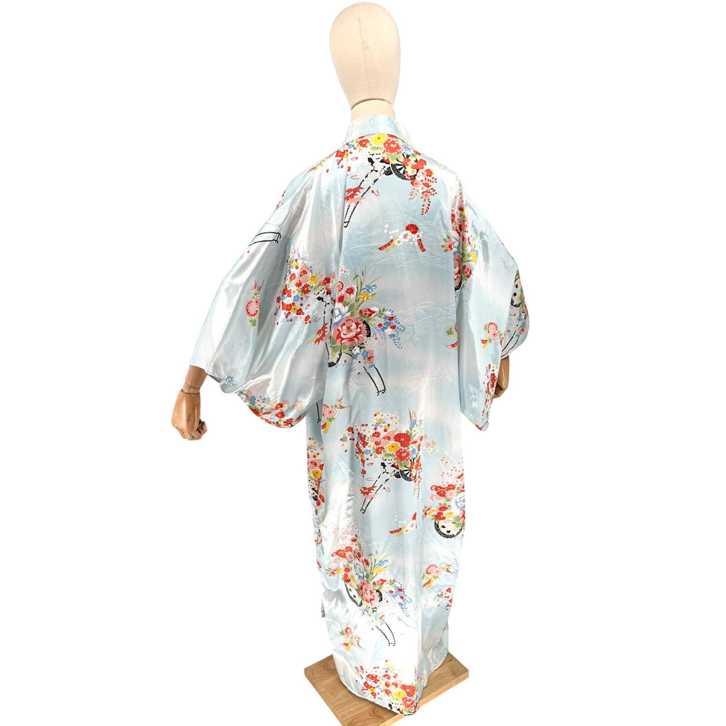 Vintage 90s Ichiban Pastel Blue Floral Long Robe Kimono