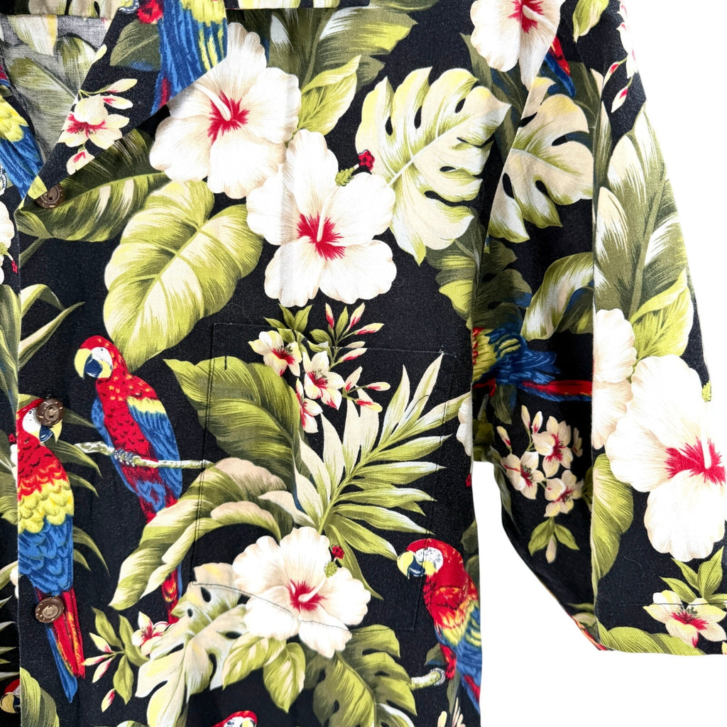 Vintage 80s Made in Hawaii Black 100% Cotton Parrot Hibiscus Hawaiian Shirt