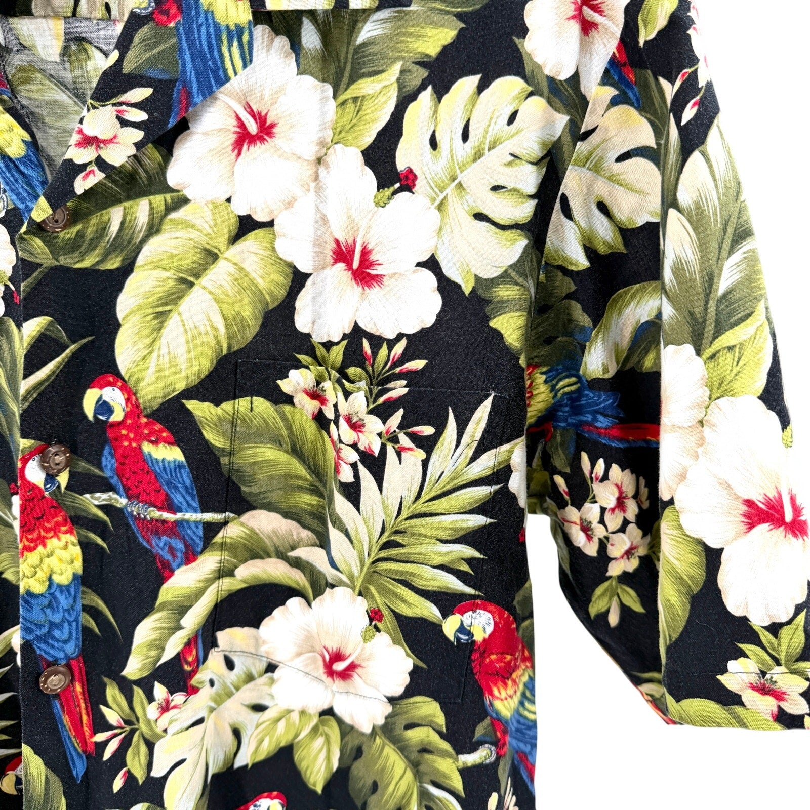 Vintage 80s Made in Hawaii Black 100% Cotton Parrot Hibiscus Hawaiian Shirt