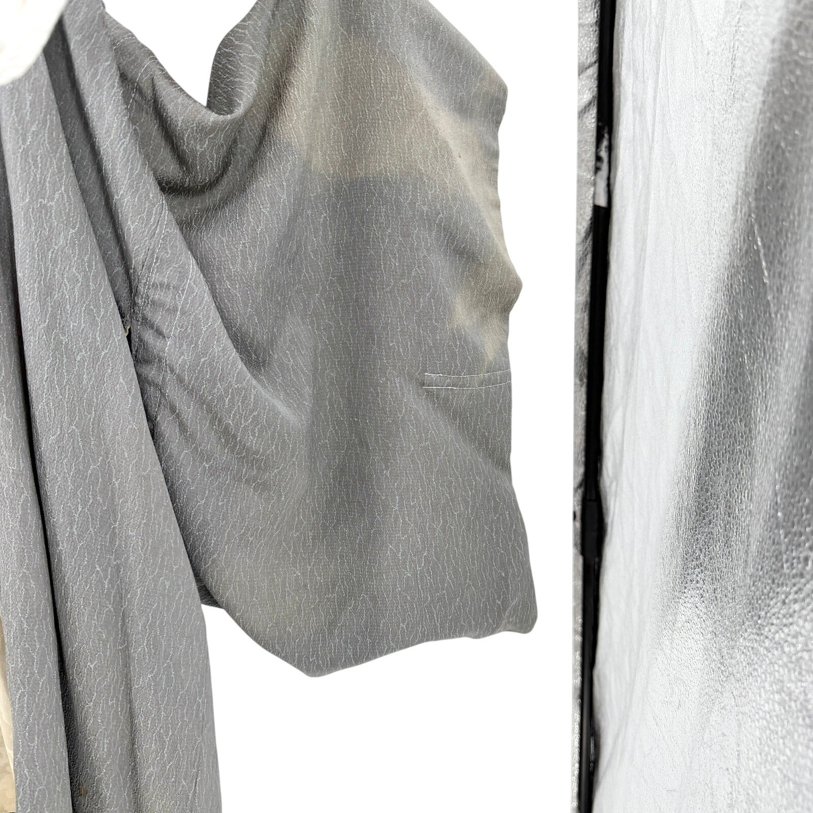 Vintage 70s Gray 100% Silk Boho Crane Art Lining Haori Kimono Jacket